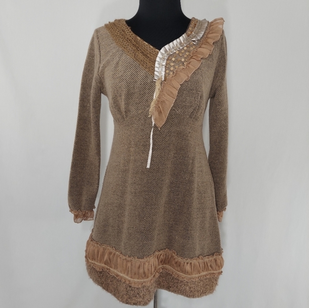 Forla Paris Tunic Medium Brown Long Sleeve Artsy Mixed Fabric‎ Fairy Romantic